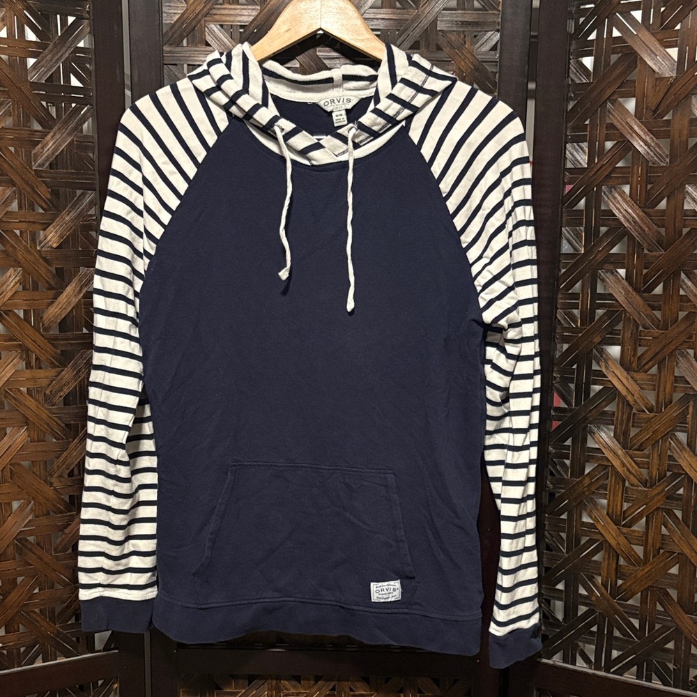 Orvis Navy Pullover Hoodie with White Striped Raglan Sleeves